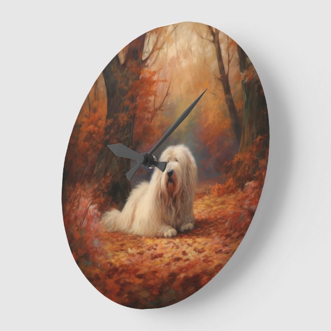 Grande Horloge Ronde Old English Sheepdog en automne Leaves Fall Inspir (Angle)