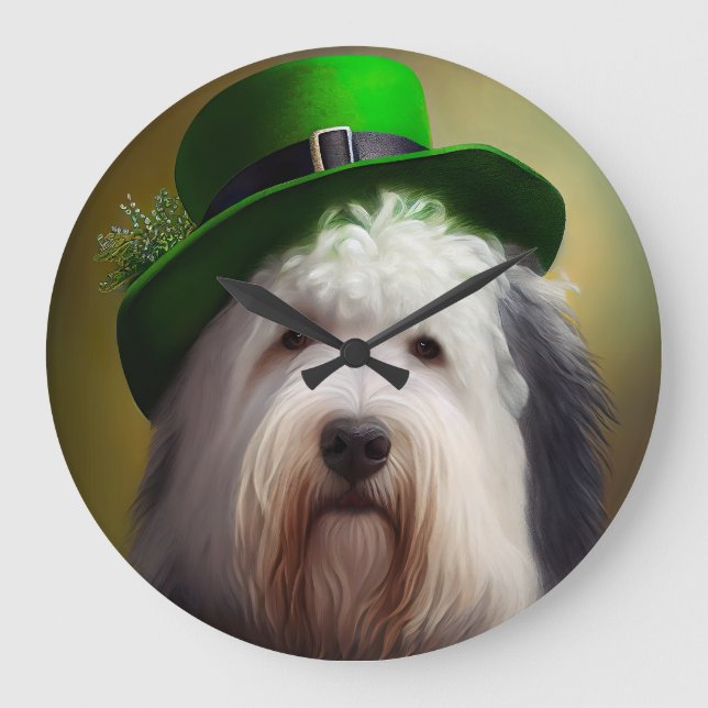 Grande Horloge Ronde Old English Sheepdog en tenue de la Saint-Patrick (Recto)