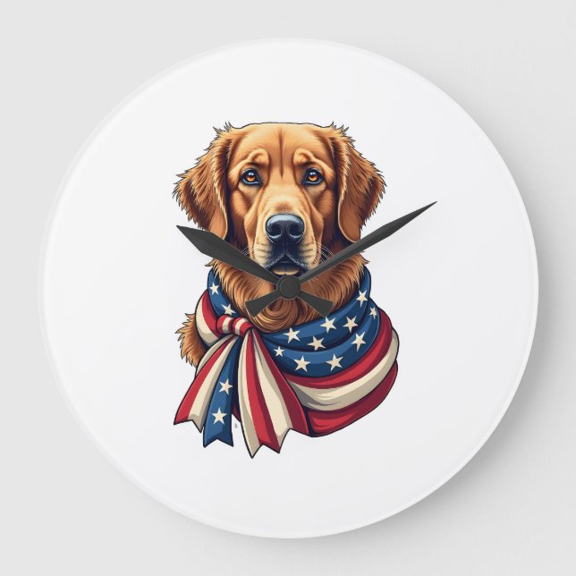 Grande Horloge Ronde Old Glory Golden Retriever Vintage Shirt 2 (Recto)