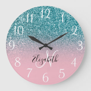 Grande Horloge Ronde Ombre de Parties scintillant rose et Turquoise mon