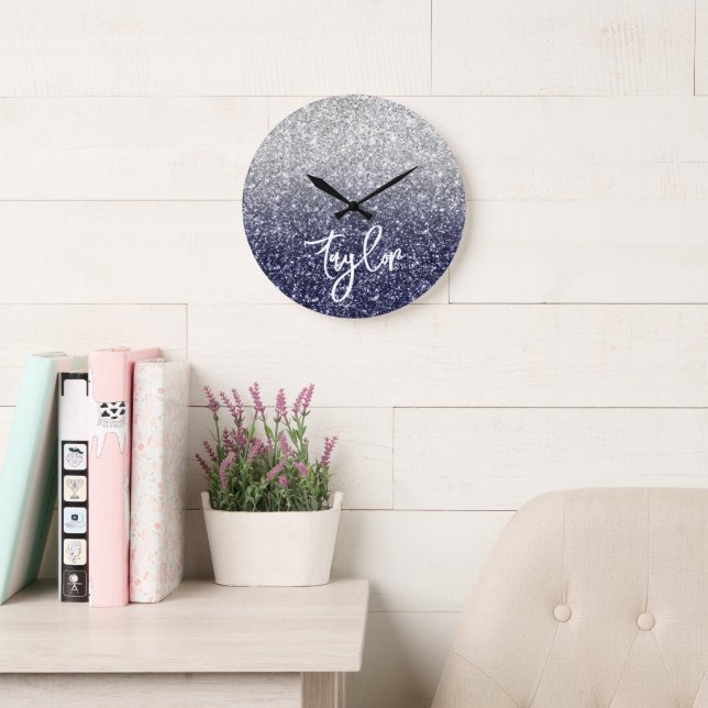 Grande Horloge Ronde Ombre de Parties scintillant Sparkury Luxury Silve (Salle de lecture)