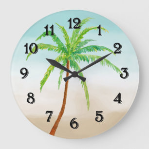 Grande Horloge Ronde Ombre de sable Bleu Tropical Palm Tree