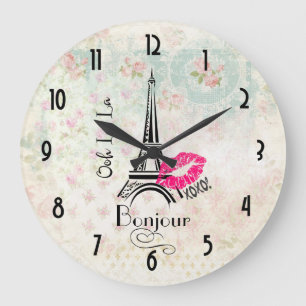 Grande Horloge Ronde Ooh La La Paris Tour Eiffel sur Motif Vintage