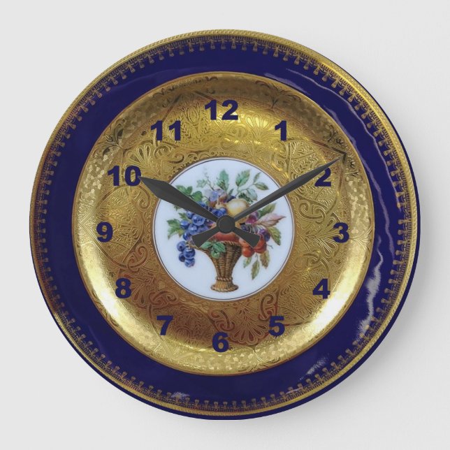 Grande Horloge Ronde Or, Bleu de Cobalt et Plate d'antiquité florale (Recto)