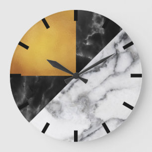 Grande Horloge Ronde Or Carrara Marbre Gris Géométrie Pierre Noire Méta
