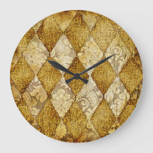 Grande Horloge Ronde Or Géométrique : Sophistication de Motif Rétro.