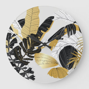 Grande Horloge Ronde Or, plantes tropicaux noirs : luxe.