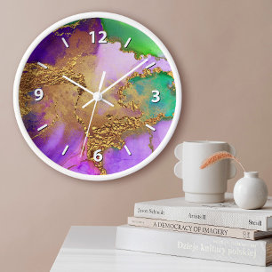Grande Horloge Ronde Or violet vert aqua chic glam agate aquarelle