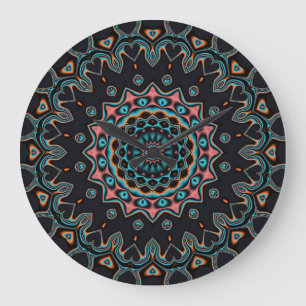 Grande Horloge Ronde Orange bleu Turquoise noir Mandala Boho Art