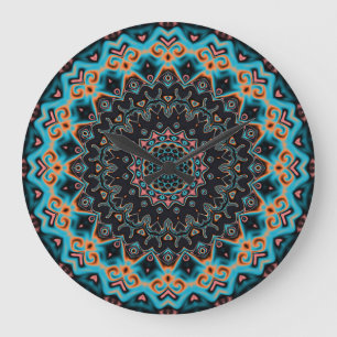 Grande Horloge Ronde Orange Blue Teal Black Mandala Boho Art
