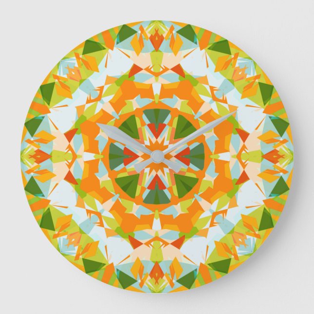 Grande Horloge Ronde Orange brillant étoile verte vibrante Boho Maximal (Recto)