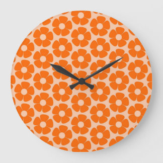 Grande Horloge Ronde Orange et Pêche Retro 60s motif floral