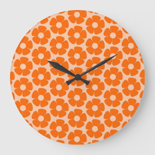 Grande Horloge Ronde Orange et Pêche Retro 60s motif floral (Recto)