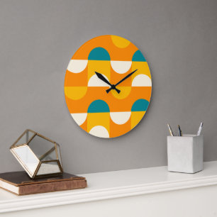 Grande Horloge Ronde Orange Jaune foncé Turquoise Bleu Vert Rétro Motif