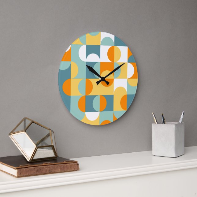 Grande Horloge Ronde Orange Jaune Turquoise Bleu Mer Motif Art Rétro (Bureau)
