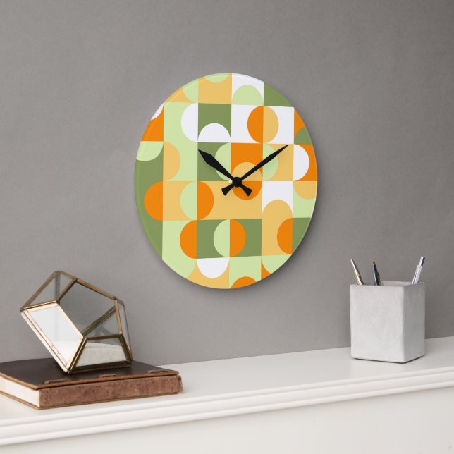 Grande Horloge Ronde Orange Sunny Jaune foncé Vert Motif d'art rétro (Bureau)