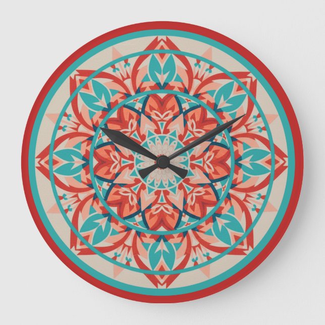 Grande Horloge Ronde Orange & Turquoise Boho Mandala  Large Clock (Recto)