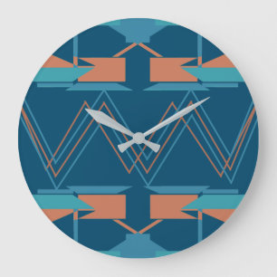 Grande Horloge Ronde Orange Turquoise sur bleu foncé Zig-zag Sud-ouest