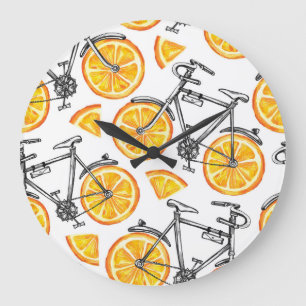 Grande Horloge Ronde Oranges de bicyclette : motif d'été à l'aquarelle