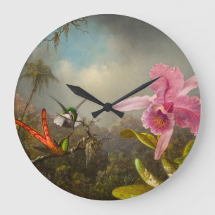 Grande Horloge Ronde Orchidée avec deux colibris Heade