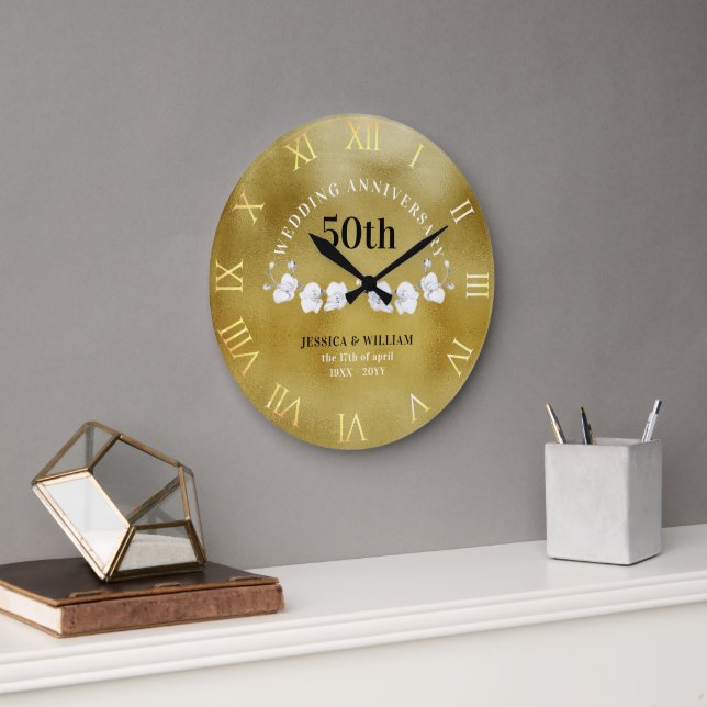 Grande Horloge Ronde Orchidées Blanches Gold Mariage Anniversaire Gardi (Bureau)
