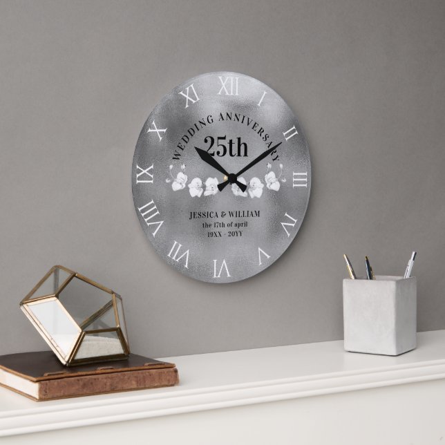 Grande Horloge Ronde Orchidées Blanches Mariage Argent Anniversaire Gar (Bureau)