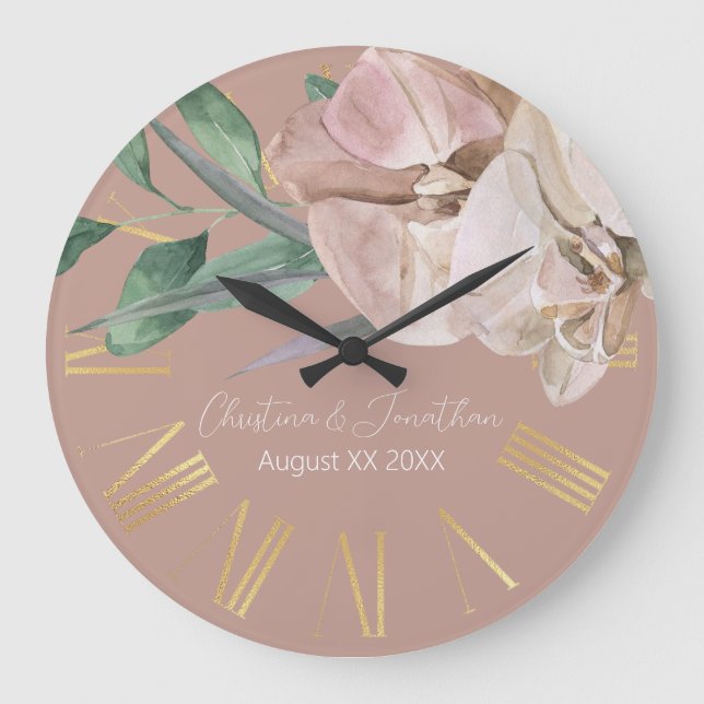Grande Horloge Ronde Orchidées d'aquarelle romantique sur Dusty Blush (Recto)
