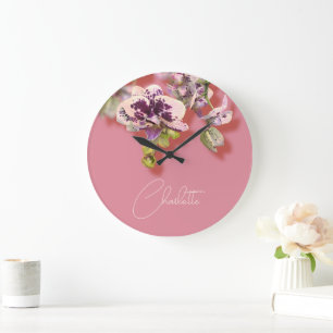 Grande Horloge Ronde Orchidées Fleurs tropicales Nom personnalisé