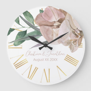 Grande Horloge Ronde Orchidées romantiques aquarelles