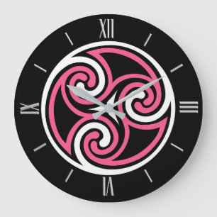 Grande Horloge Ronde Ornement de Triskele celtique, Fuchsia, noir et bl