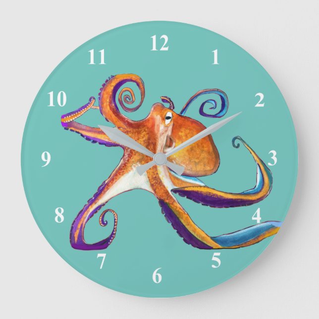Grande Horloge Ronde Otopus vie marine aquarelle art (Recto)