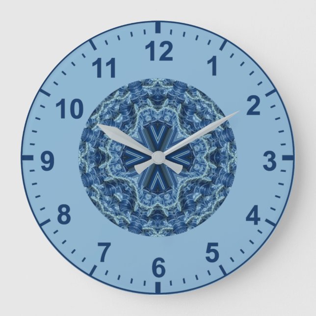 Grande Horloge Ronde OUAH ! Motif fractal bleu et Aqua ~ (Recto)