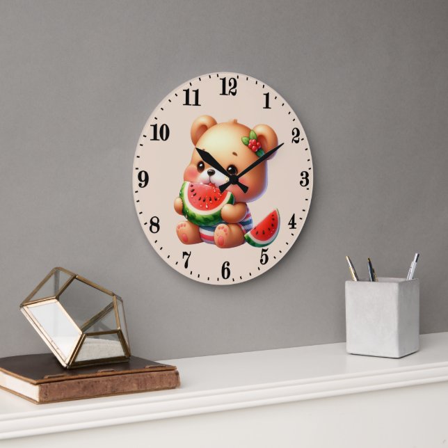 Grande Horloge Ronde Ours amoureux de pastèque mignon (Bureau)