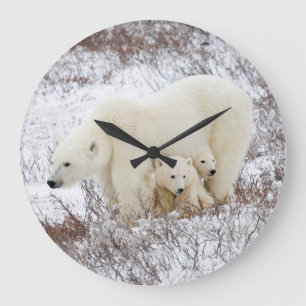 Grande Horloge Ronde Ours blancs femelles et deux petits animaux