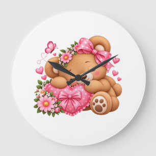 Grande Horloge Ronde Ours en peluche adorable avec nœud rose et cœurs
