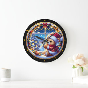 Grande Horloge Ronde Ours en peluche et paysage hivernal