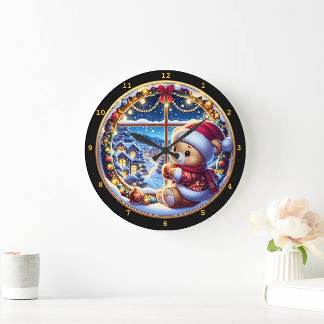 Grande Horloge Ronde Ours en peluche et paysage hivernal (Maison)