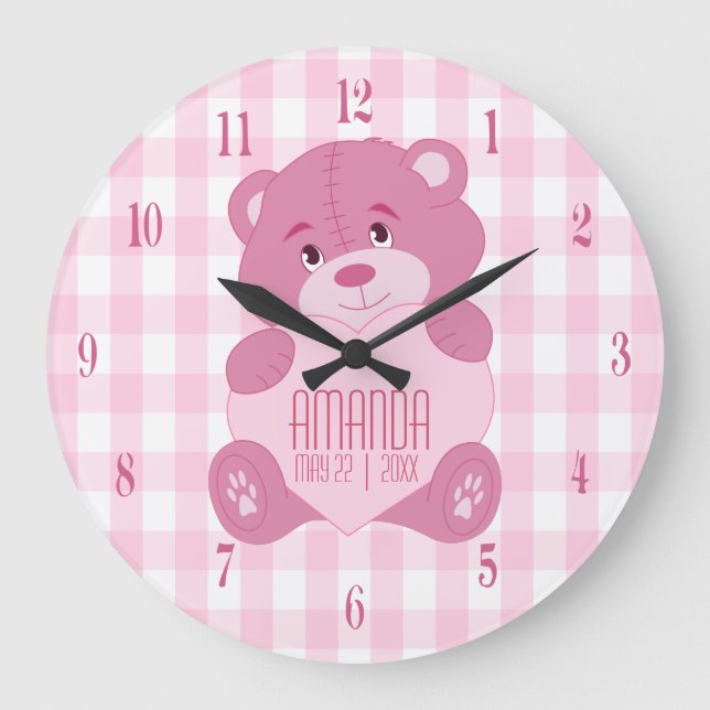 Grande Horloge Ronde Ours en peluche giratoire personnalisé avec nom et (Recto)