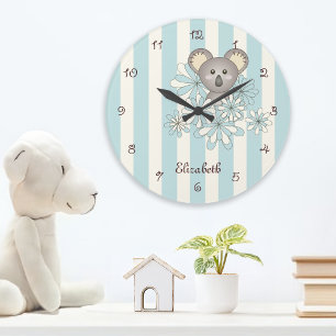 Grande Horloge Ronde Ours en peluche koala bleu pastel personnalisé pou