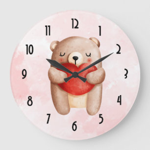 Grande Horloge Ronde Ours en peluche mignon portant un coeur rouge