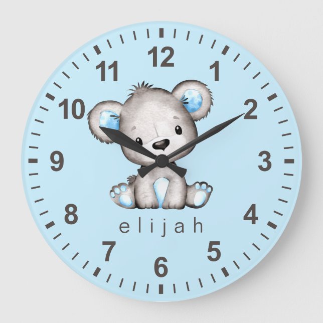 Grande Horloge Ronde Ours en peluche personnalisé bébé garçon bleu (Recto)