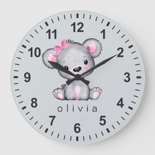 Grande Horloge Ronde Ours en peluche rose girly personnalisé gris (Recto)