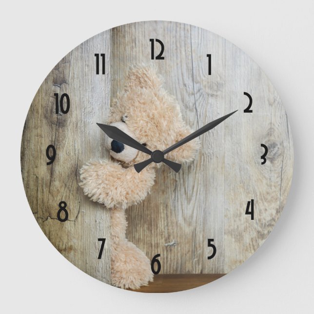 Grande Horloge Ronde Ours farci mignon Fond en bois rustique (Recto)