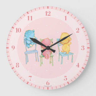 Grande Horloge Ronde Ours jaunes, roses et bleus sur chaises