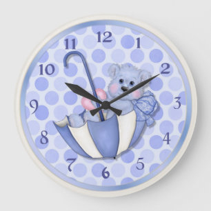 Grande Horloge Ronde Ours Parapluie bleu - Personnaliser