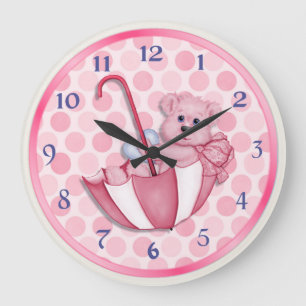 Grande Horloge Ronde Ours parapluie rose