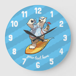 Grande Horloge Ronde Ours polaire cool surf avec cocktail Dessin