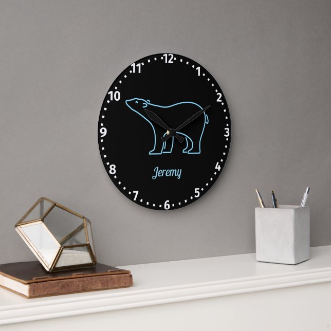 Grande Horloge Ronde Ours polaire néon personnalisé (Bureau)