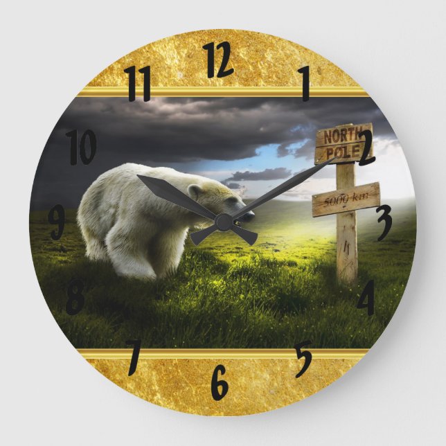 Grande Horloge Ronde Ours polaire regardant le panneau en bois du pôle  (Recto)