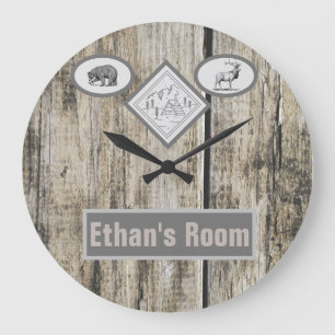 Grande Horloge Ronde Ours rustique et élan Monogramme Garçon